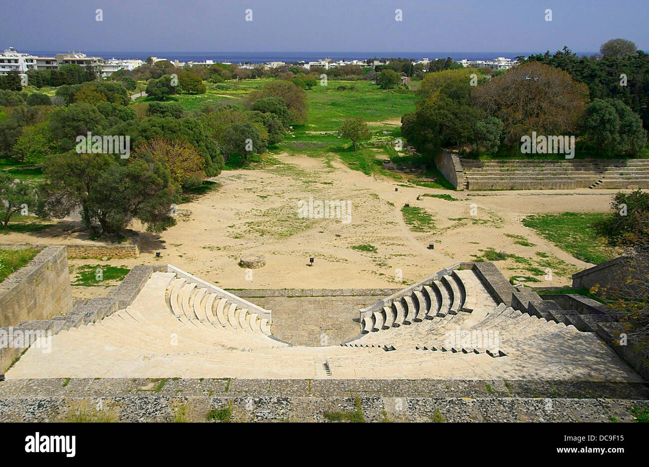 The restored theatre at Acropolis of Rhodes, Greece. Stock Photo