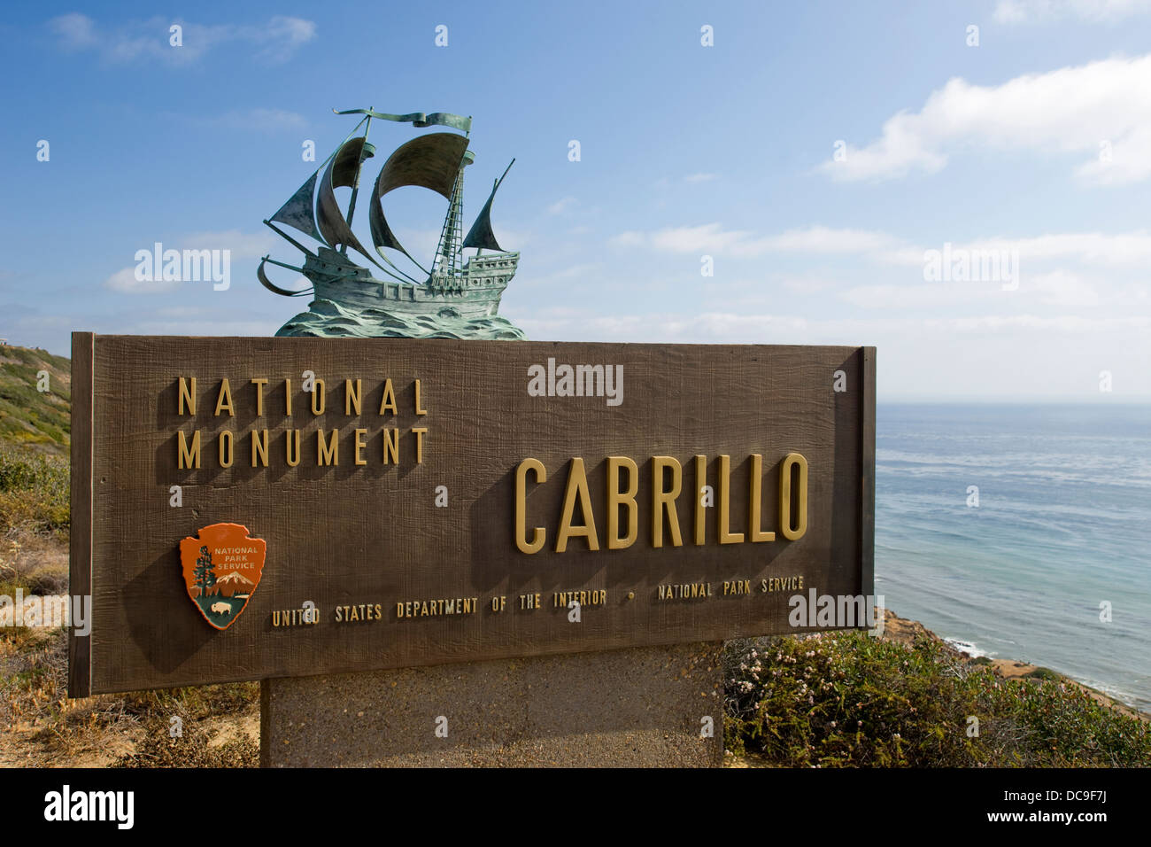 CABRILLO NATIONAL MONUMENT ENTRANCE SIGN POINT LOMA SAN DIEGO CALIFORNIA USA Stock Photo