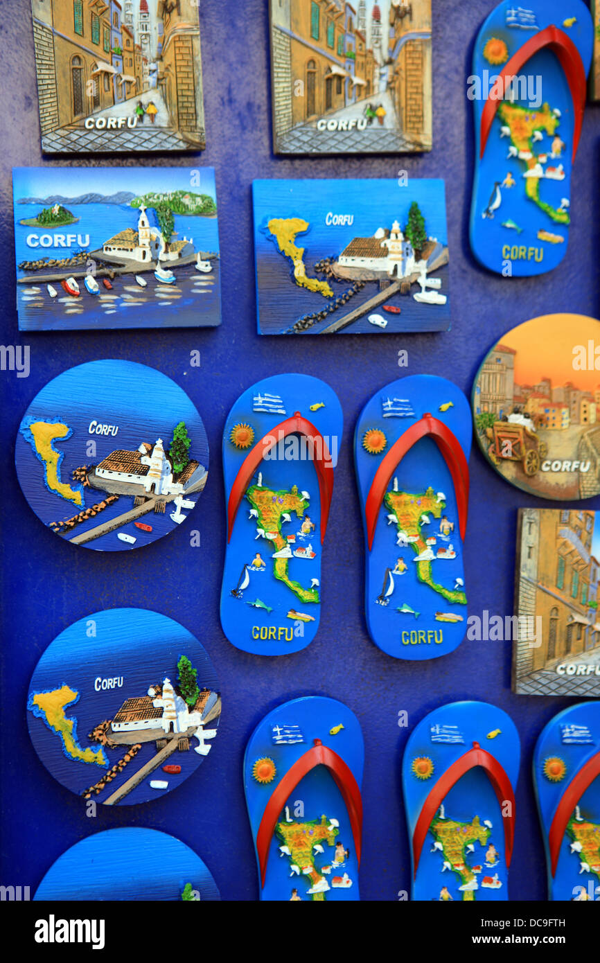 Flip flops and other tourist souvenirs on sale in Corfu Town, Greece Stock Photo