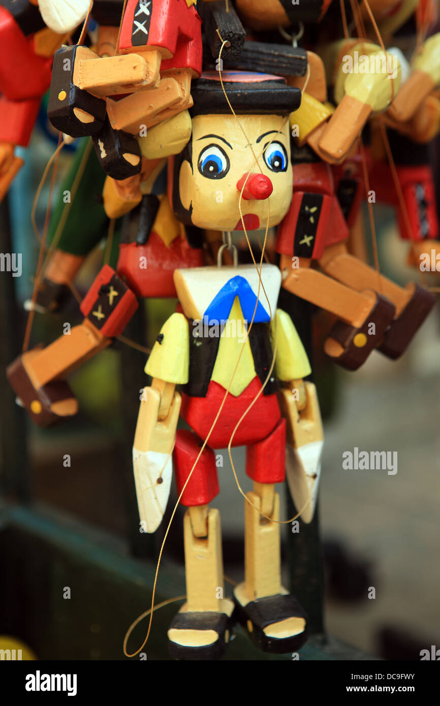 Wooden Pinocchio puppet on sale in the Greek island of Corfu Stock Photo