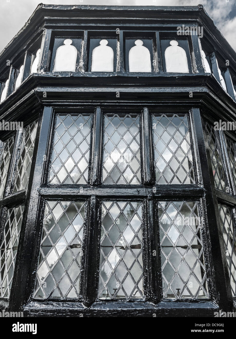 Tudor bay window of an historic country house in Gawsworth Cheshire. Stock Photo