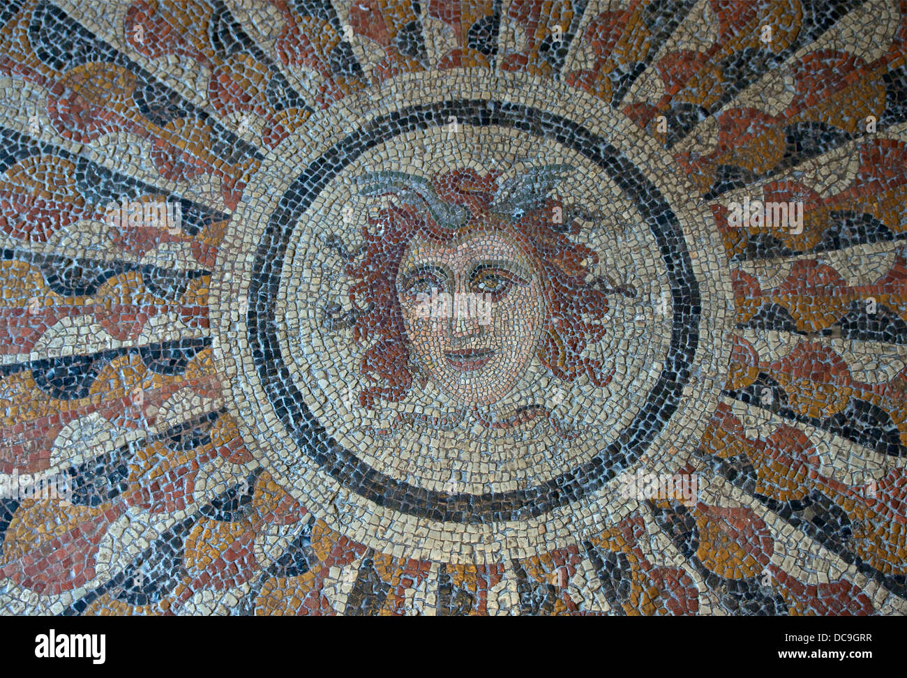 Central motive of the "Medusa" mosaic, 2nd century BCE, from Kos island, in the palace of the Grand Master of the Knights of Rho Stock Photo