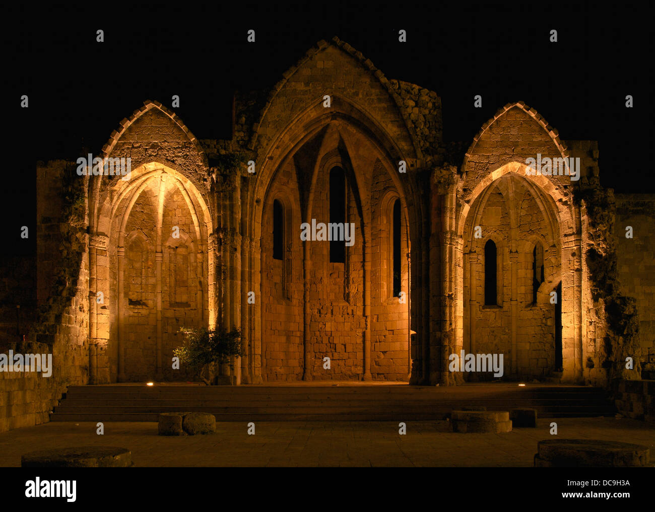 ruins of the choir of the church of the Virgin of the Burgh in the medieval city of Rhodes, Island of Rhodes, Greece. 14th centu Stock Photo