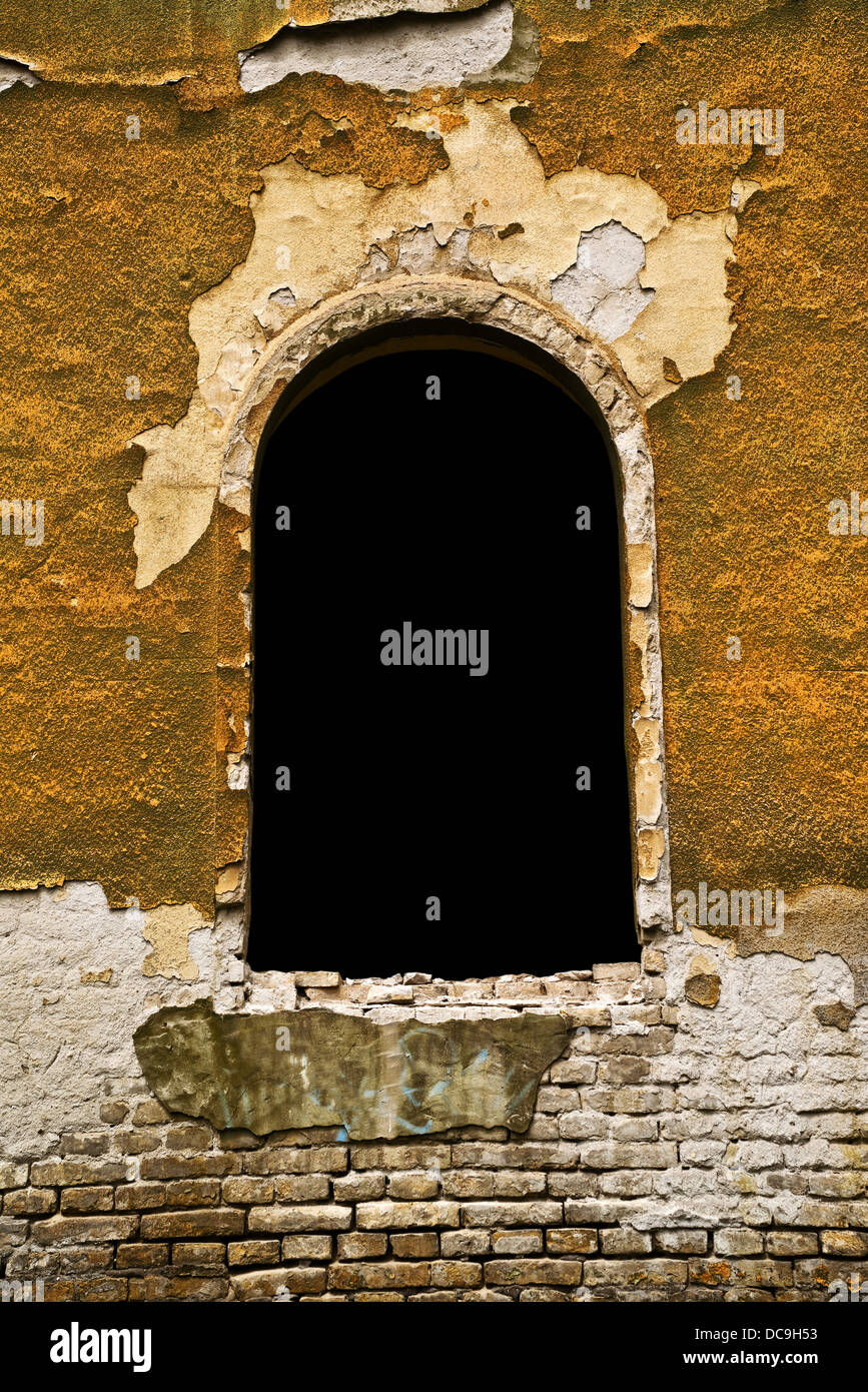 Abandoned window of an old factory, obsolete brick wall Stock Photo - Alamy