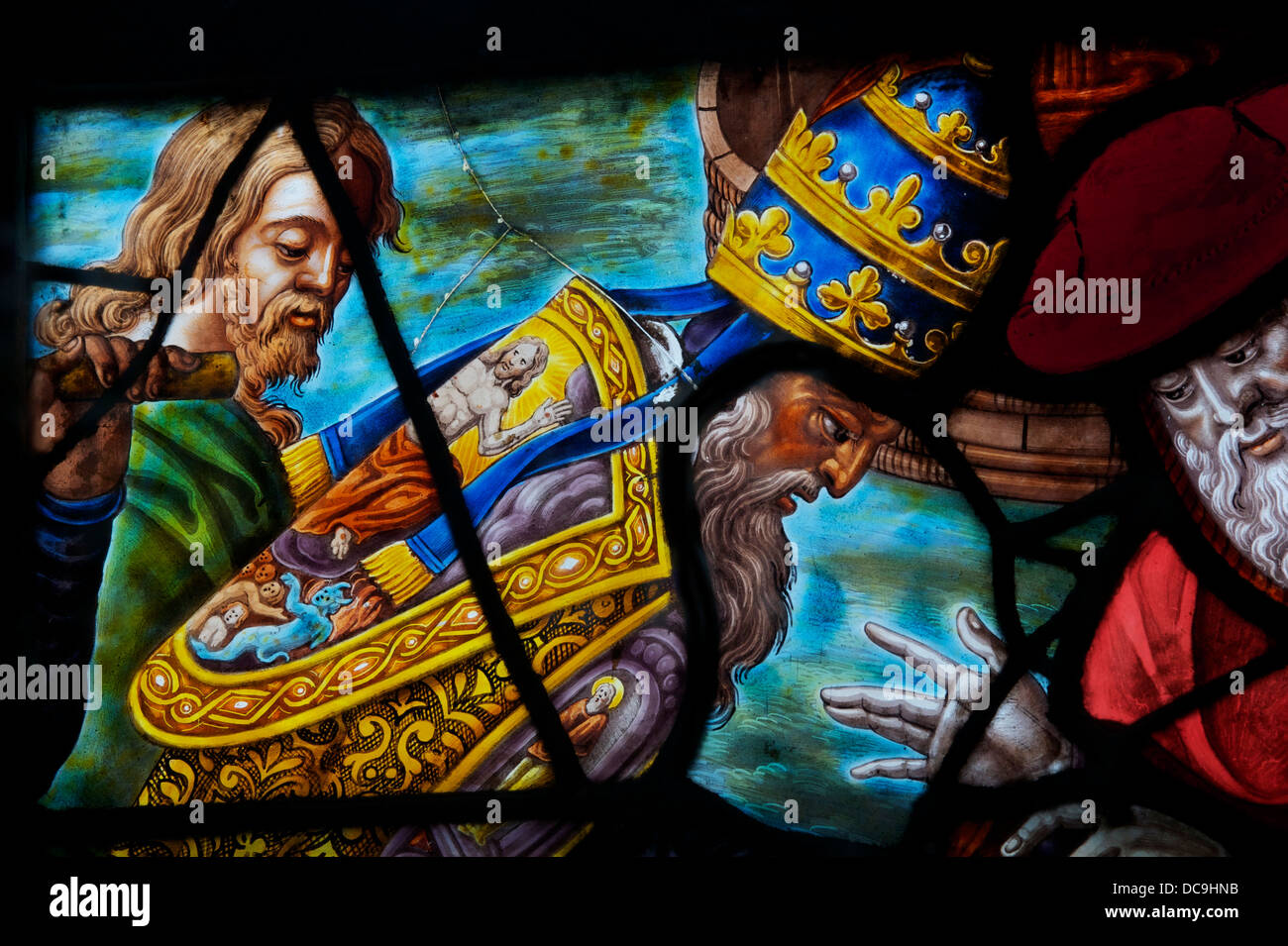 'Christ in the winepress', detail of a Pope, stained glass windows, early 17th century, Church Saint Etienne du Mont in Paris Stock Photo