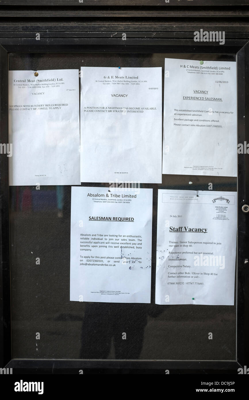 Job Adverts on Noticeboard at Smithfield Meat Market Stock Photo