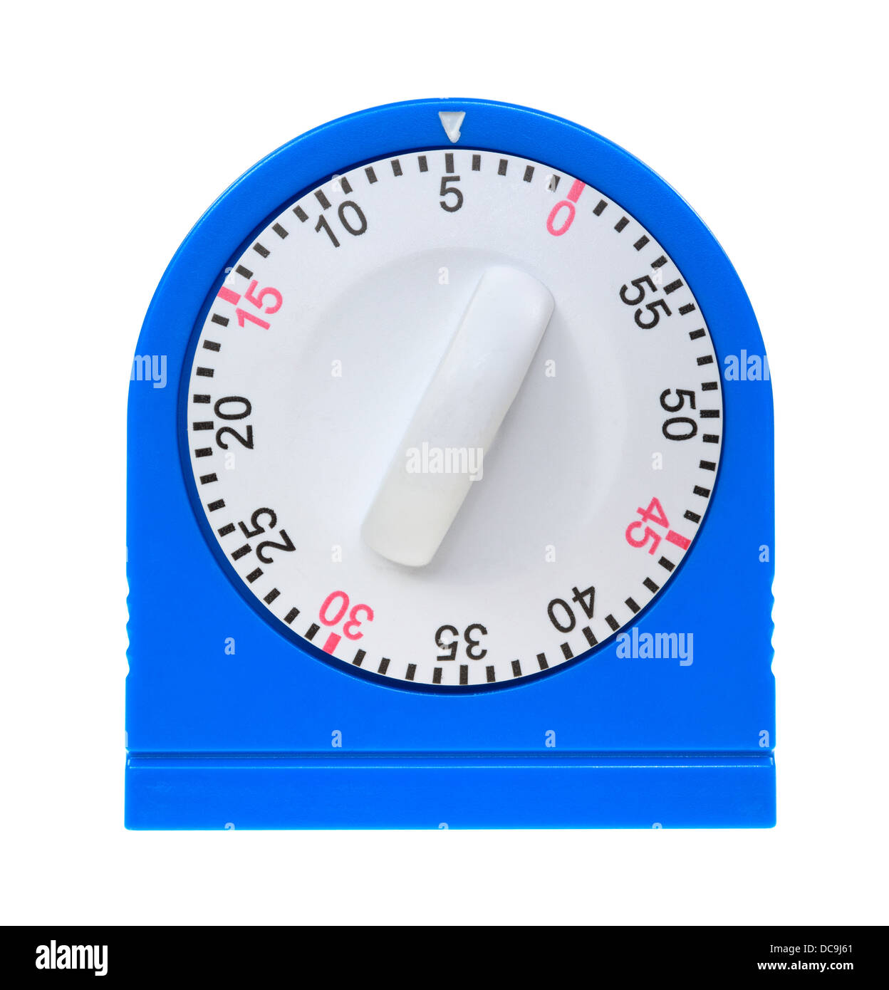 The front of a blue kitchen timer showing the white dial and numbers on a white background. Stock Photo