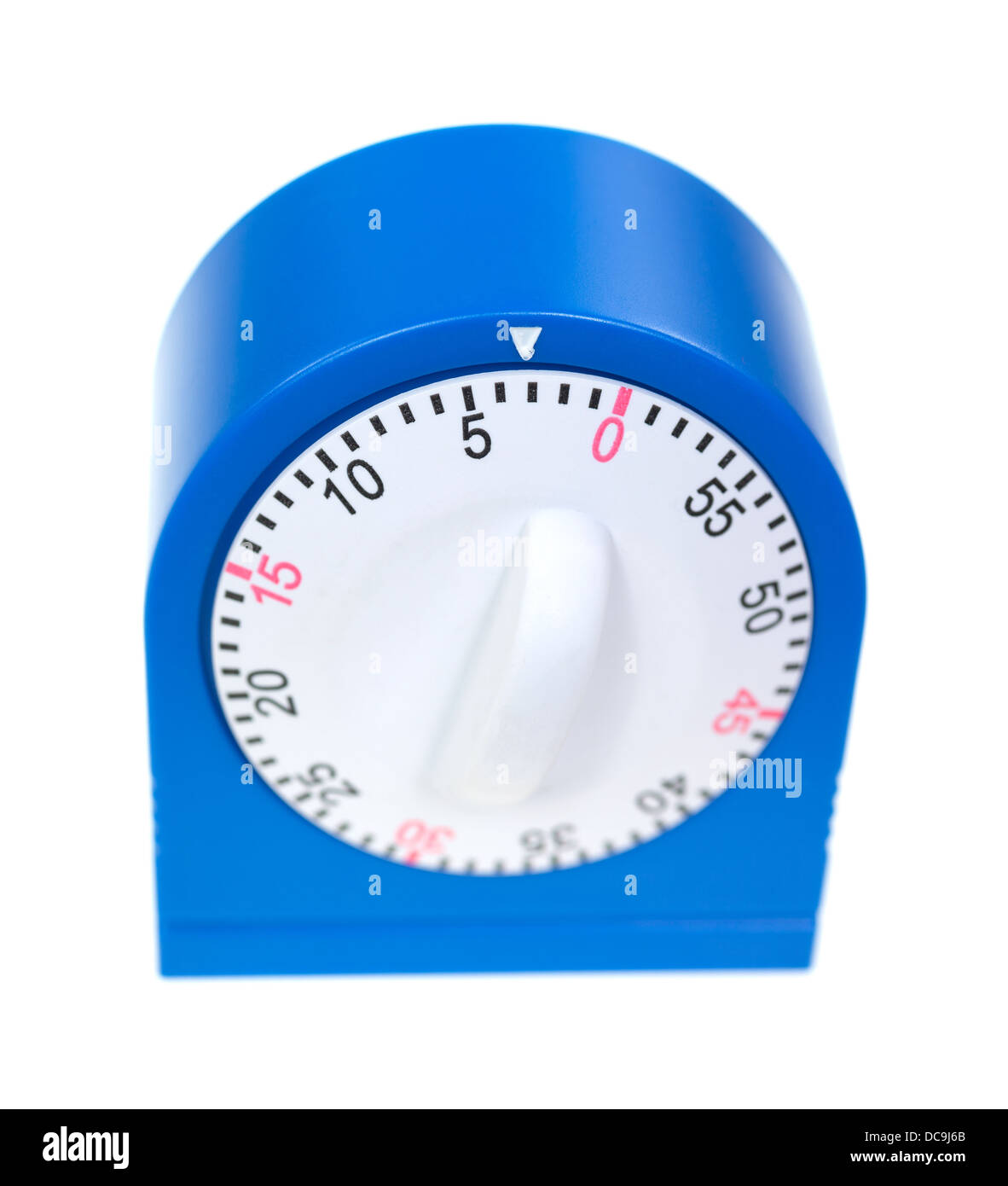 A blue kitchen timer with the dial showing three minutes to go on a white background. Stock Photo