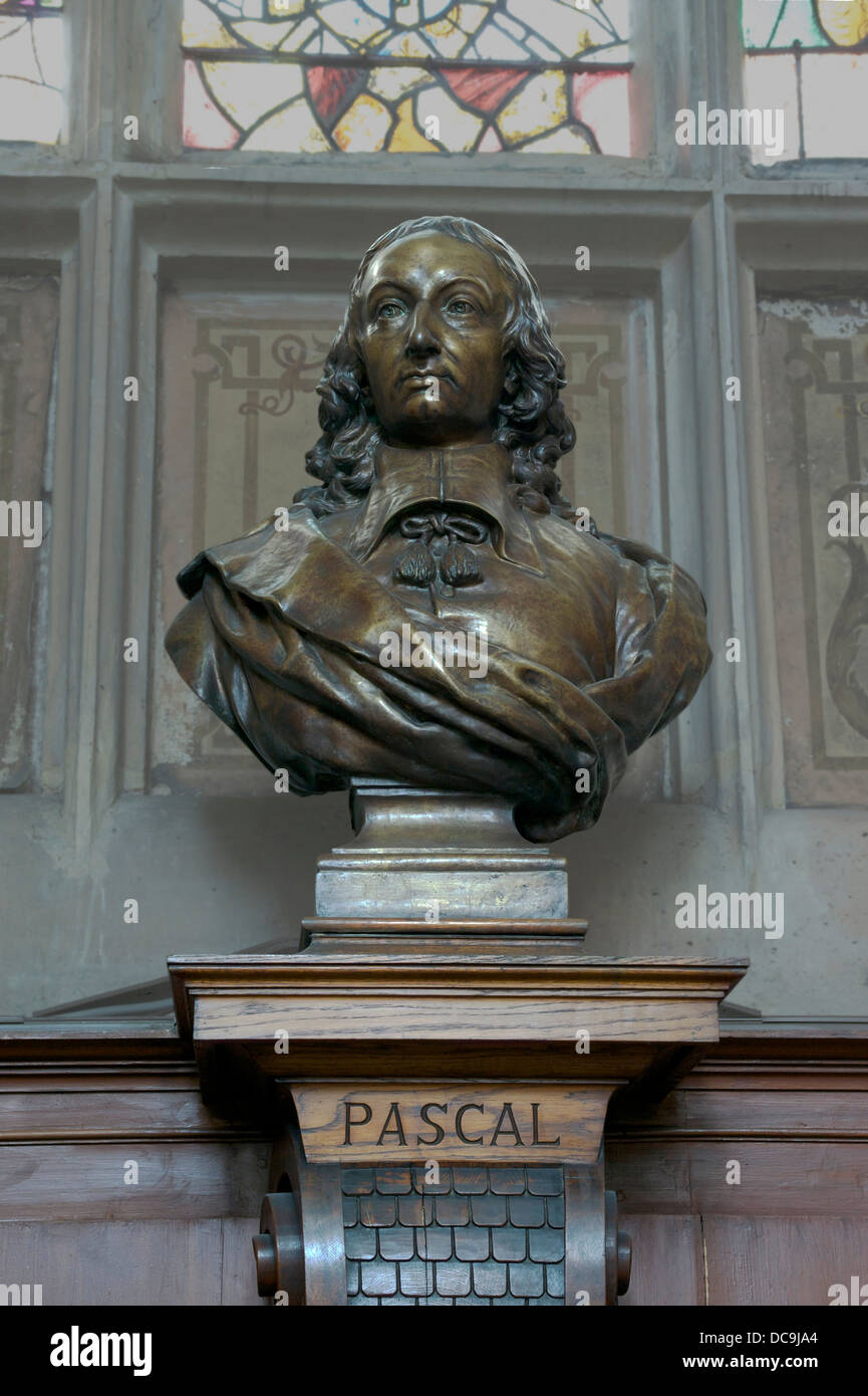 Bronze bust of Blaise Pascal, 19th century, in a lateral chapel of the Church Saint-Etienne-du-Mont in Paris, where his body is Stock Photo