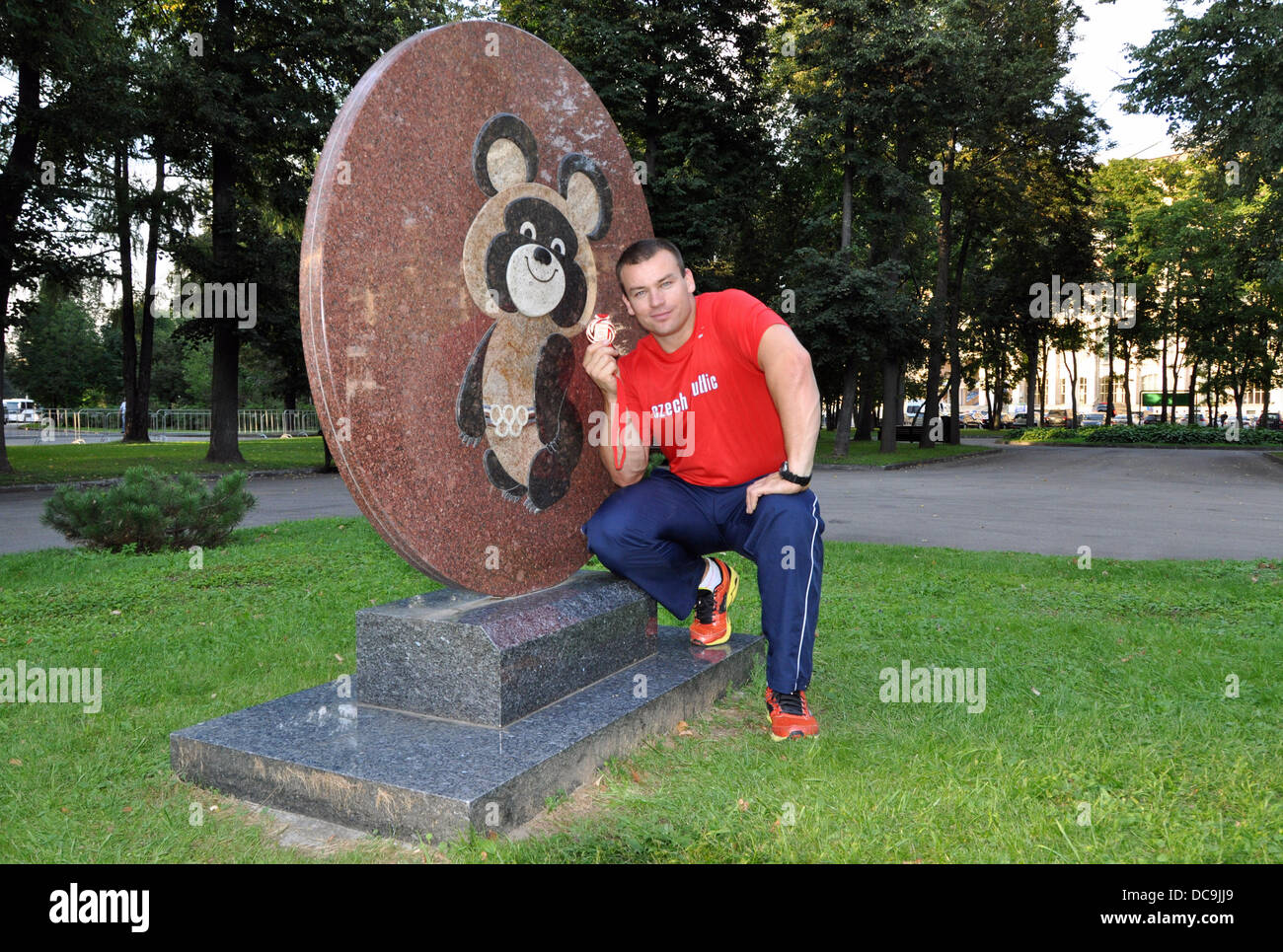 Moscow, Russia. 13th Aug, 2013. Czech Republic's Lukas Melich poses with his bronze medal for the men's hammer throw at the World Athletics Championships in the Luzhniki stadium in Moscow, Russia, Tuesday, August 13, 2013. © Tibor Alfoldi/CTK Photo/Alamy Live News Stock Photo