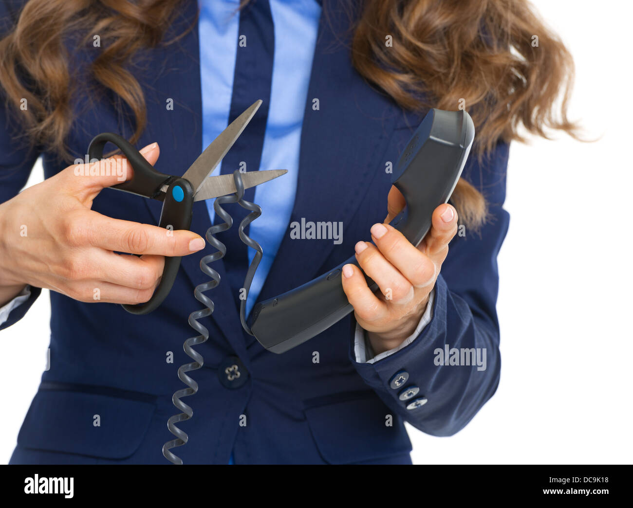 Closeup on business woman cutting phone wire Stock Photo Alamy