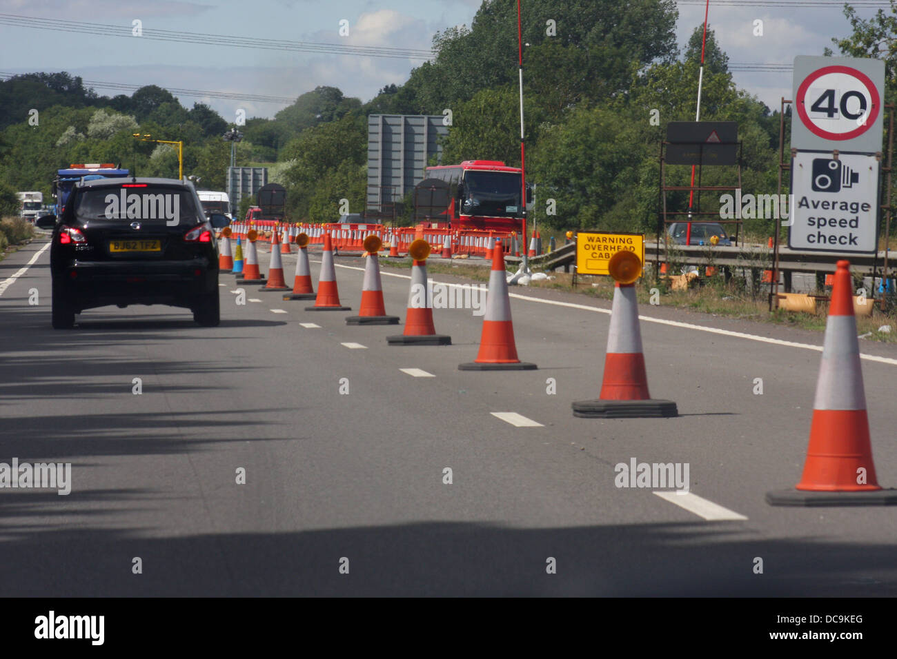 Roadworks and lane coned off on M40 Stock Photo