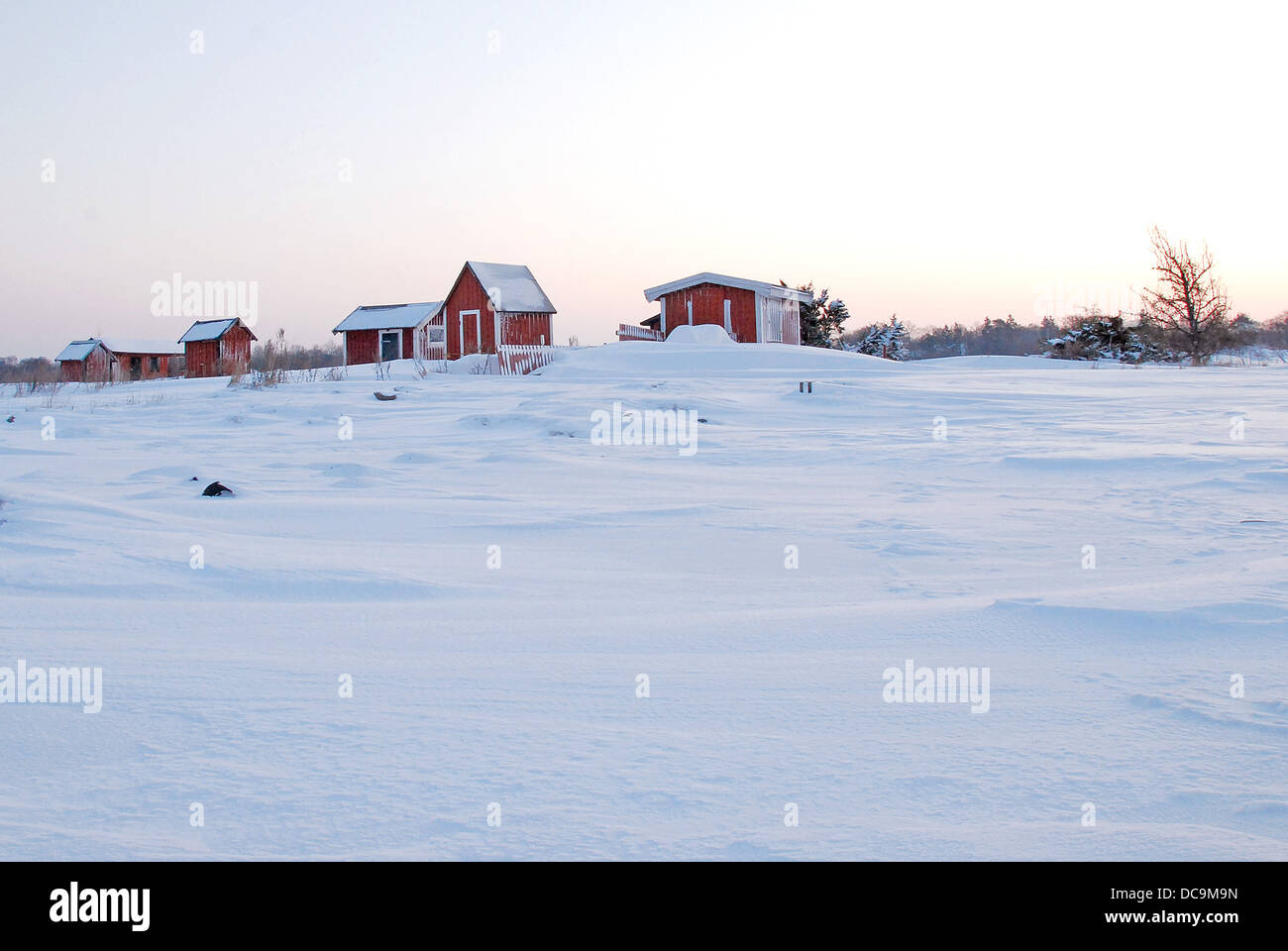 Red cabins in winter dawn Stock Photo