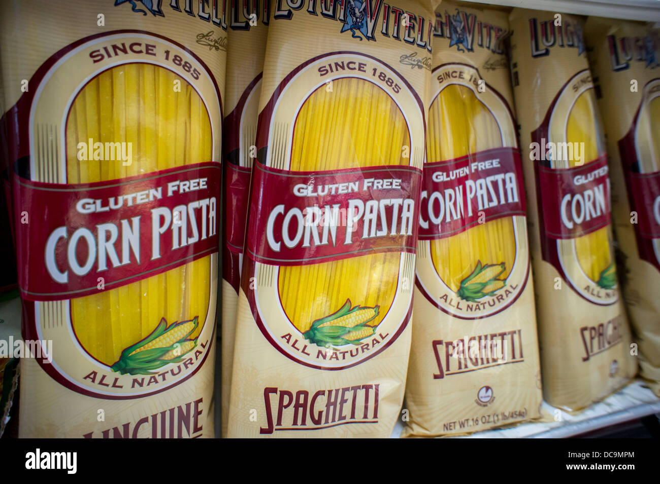 Packages of Luigi Vitelli brand gluten-free corn pasta Stock Photo