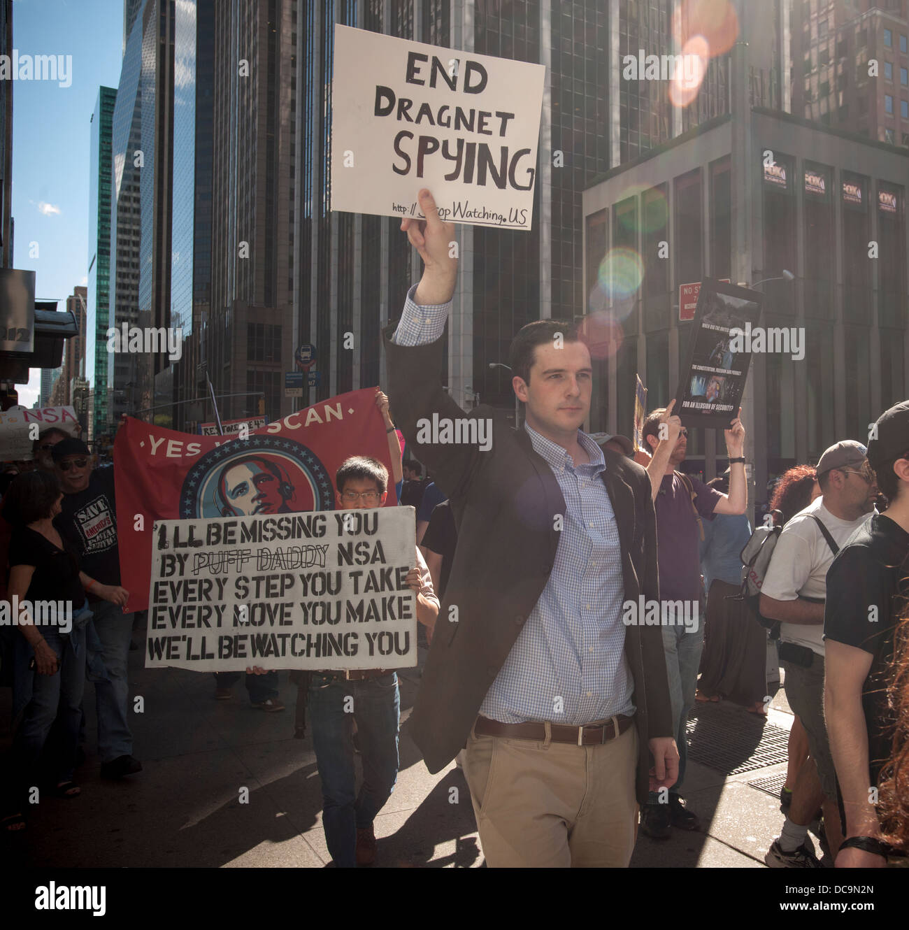 Protesters in midtown Manhattan in New York demonstrate against NSA surveillance Stock Photo