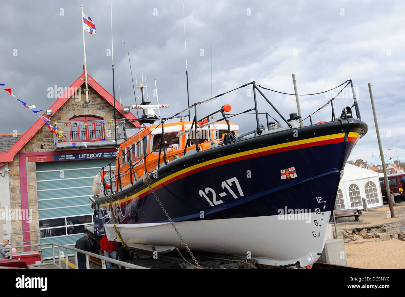 Mersey Class Lifeboat 12-17 in front of Anstruther RNLI station in Scotland. Stock Photo