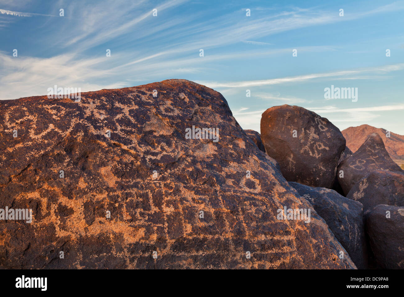 USA, Arizona, Gila Bend. Close-up of prehistoric petroglyphs on boulders. Stock Photo