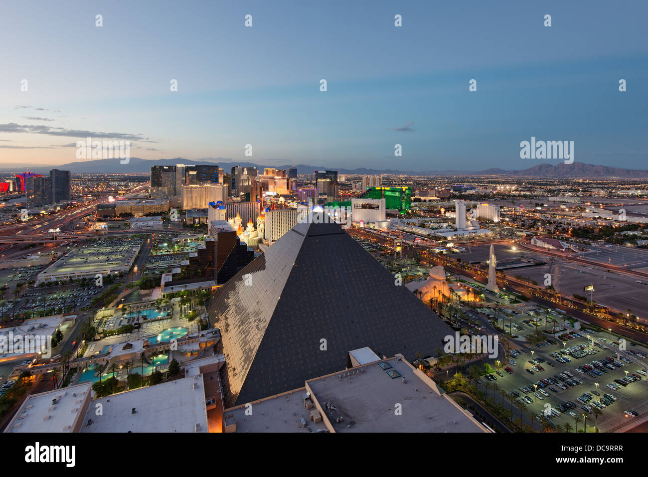 Las Vegas Skyline and the strip at dusk viewed from the MIX lounge at THEHotel Stock Photo