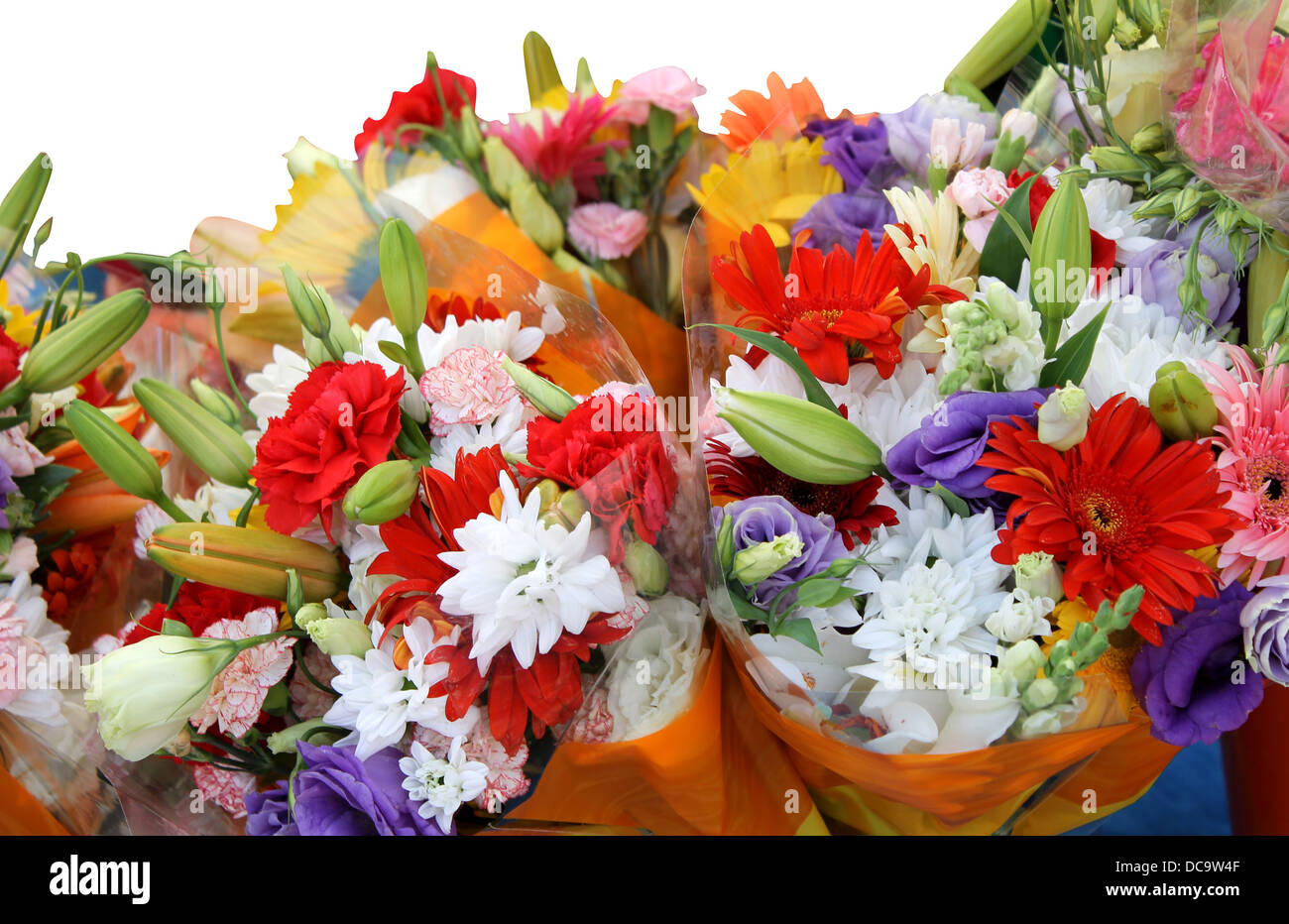 Bouquets of colorful flowers isolated on a white background. Stock Photo