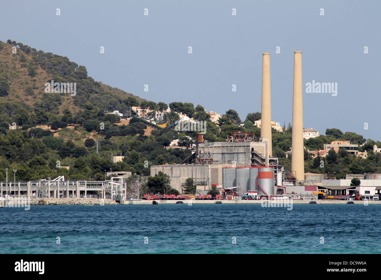 Scenic view of coastal power station on island of Majorca, Spain. Stock Photo