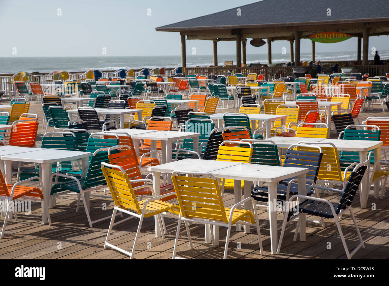 South Padre Island, Texas - Chairs on a deck at an oceanfront hotel. Stock Photo