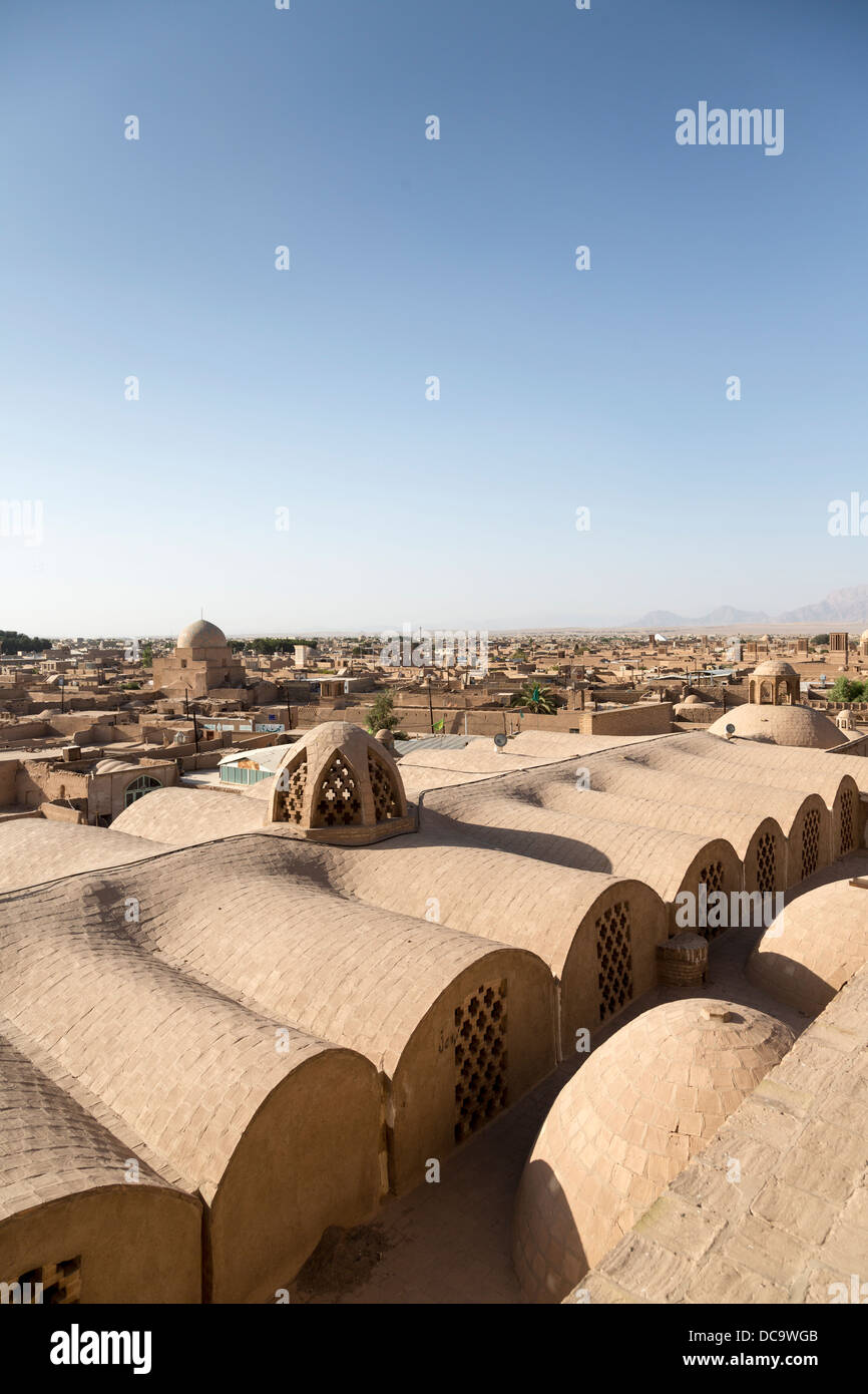 roof of side prayer hall, Friday mosque, Yazd, Iran, with view of the city Stock Photo
