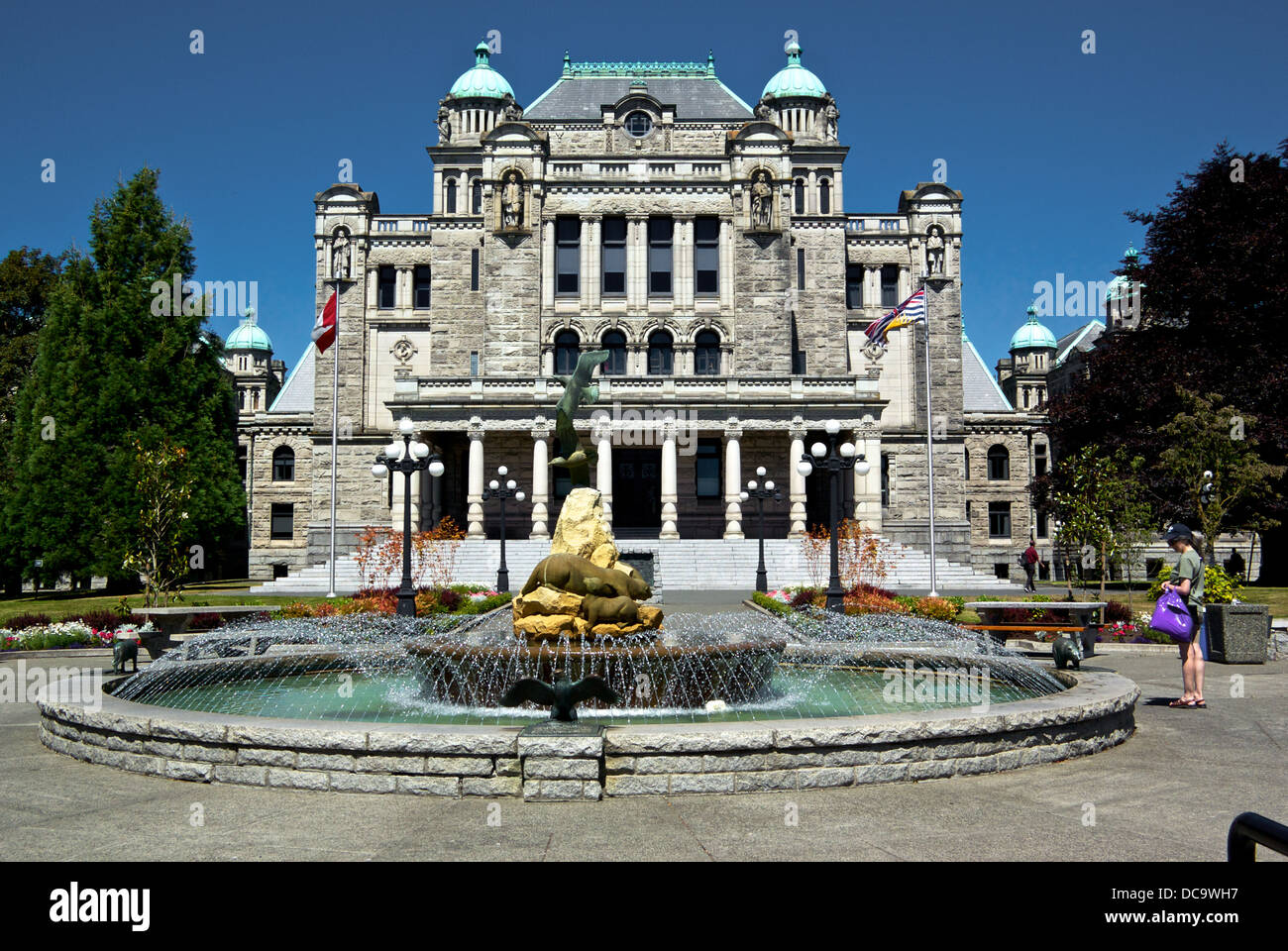 Fountain rear British Columbia legislature building Victoria BC Canada Stock Photo