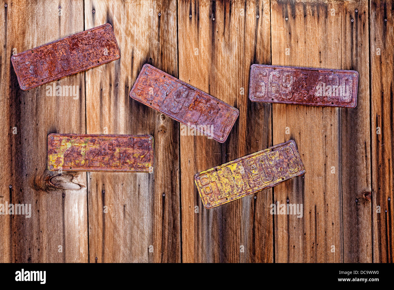 USA, California, Randsburg. Rusted license plates nailed to bare wooden