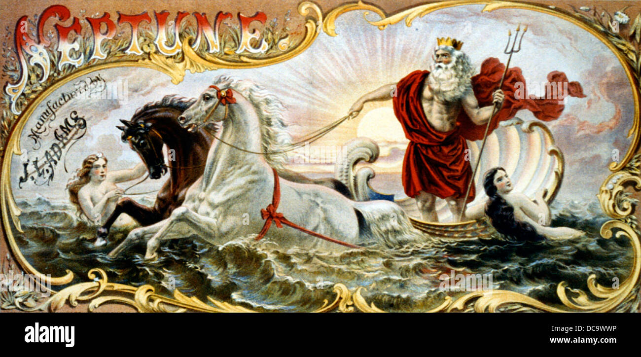 Neptune, Manufactured by J.L. Adams - Tobacco label illustrated with 2 nymphs and 2 horses pulling Neptune through water, circa 1866 Stock Photo