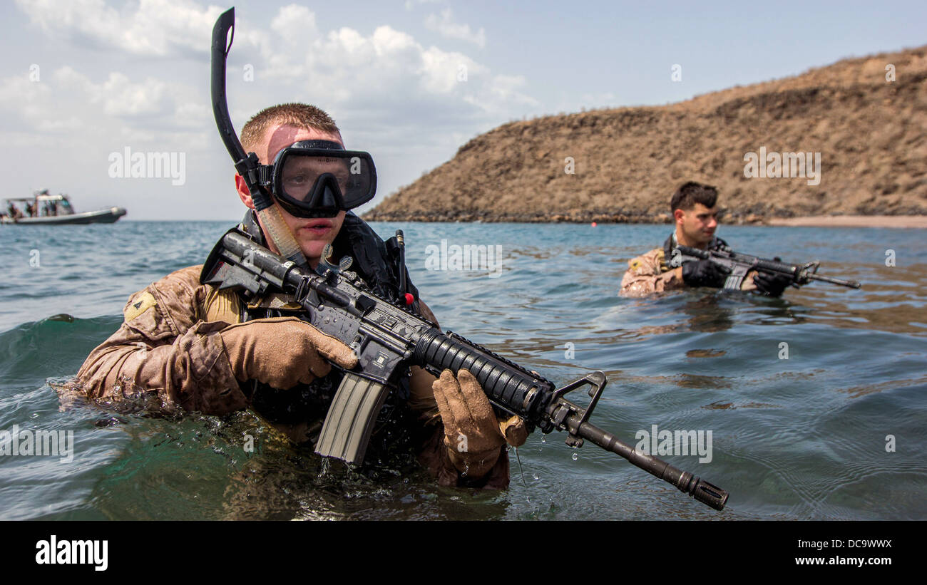 US Marines Maritime Raid Force commandos conduct an amphibious assault