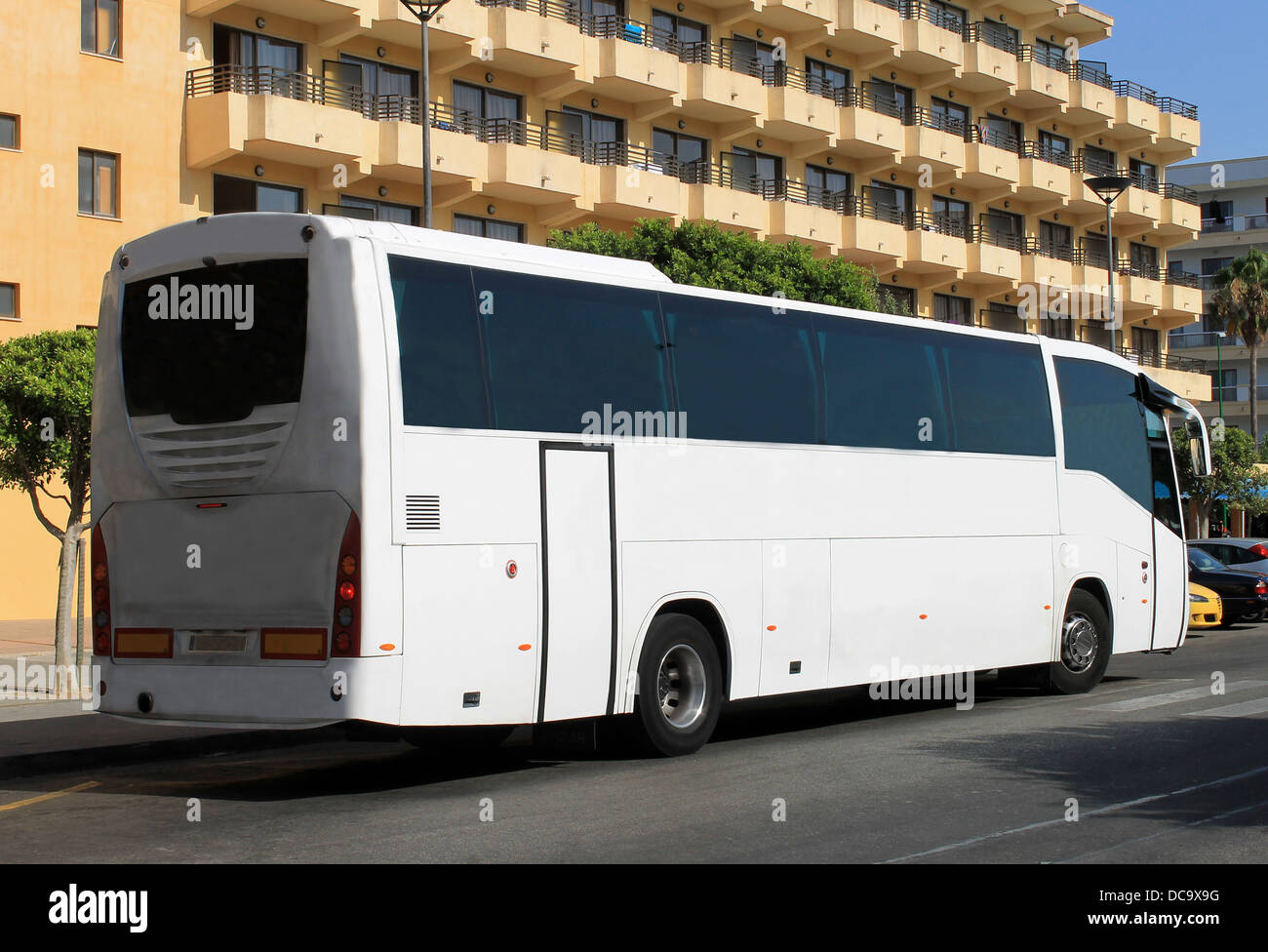 Tourist bus outside hotel on island of Majorca, Spain. Stock Photo