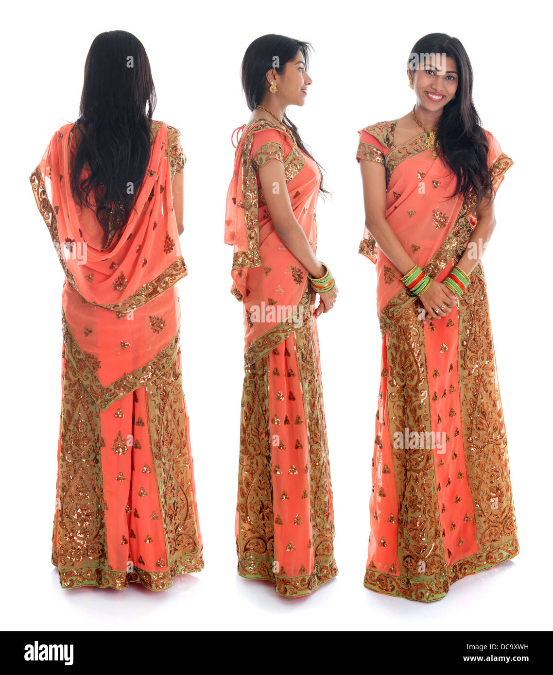 Full body traditional Indian woman in sari costume different angle front, side and rear view standing isolated on white background. Stock Photo