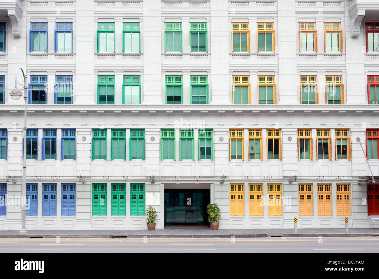 colorful windows of old police station in Singapore Stock Photo