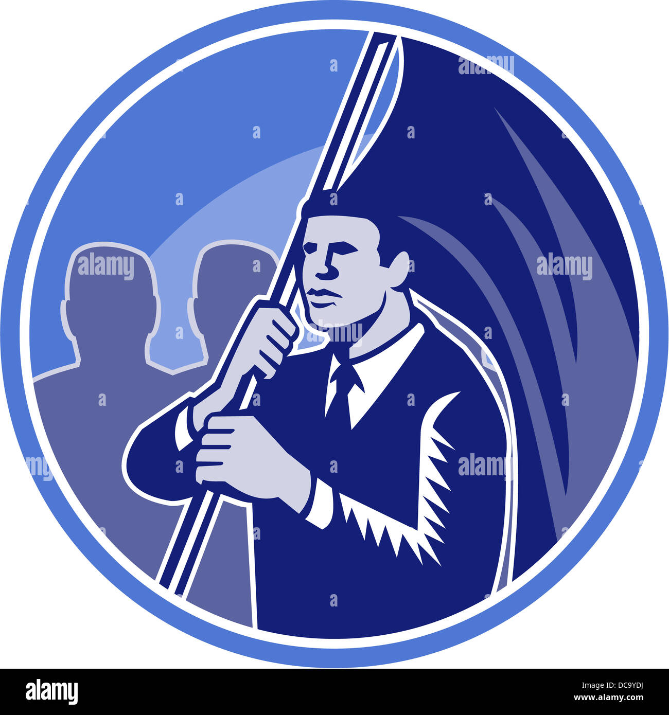 Illustration of a black businessman flag bearer with people crowd in