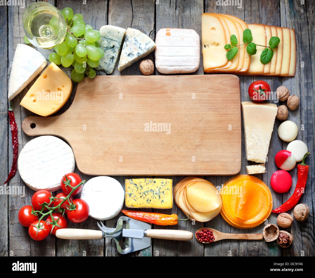 Various types of cheese with empty space background concept Stock Photo