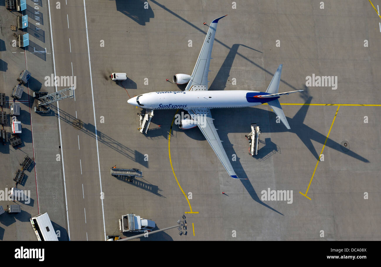 Aerial view, aircraft at Terminal 2, Cologne Bonn Airport Stock Photo