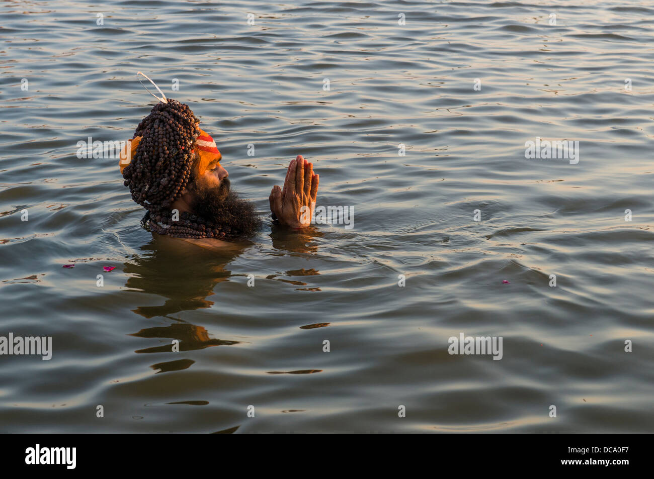 Sadhu, holy man, taking a bath and praying in the Sangam, the confluence of the rivers Ganges, Yamuna and Saraswati, just before Stock Photo