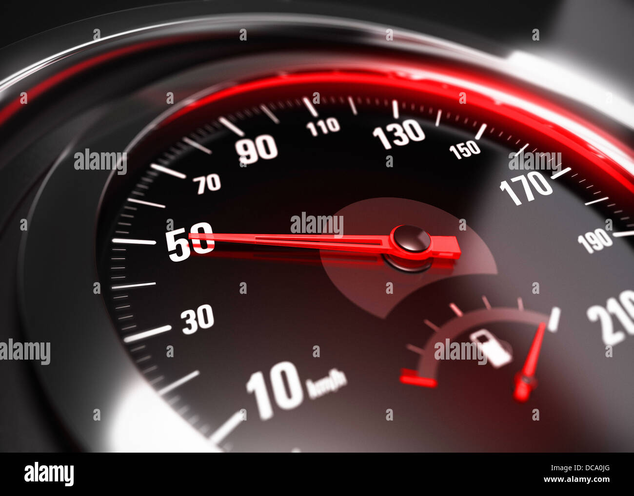 Close up of a car speedometer with the needle pointing 50 Km h, blur