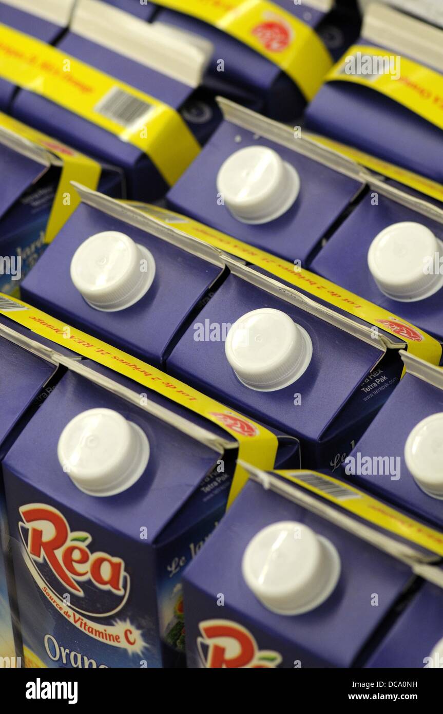 Orange juice in a supermarket, France Stock Photo Alamy