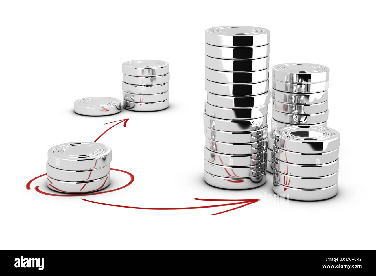 Stack of generic coins over white background with arrows pointing the highest pile. Conceptual image for money investment Stock Photo