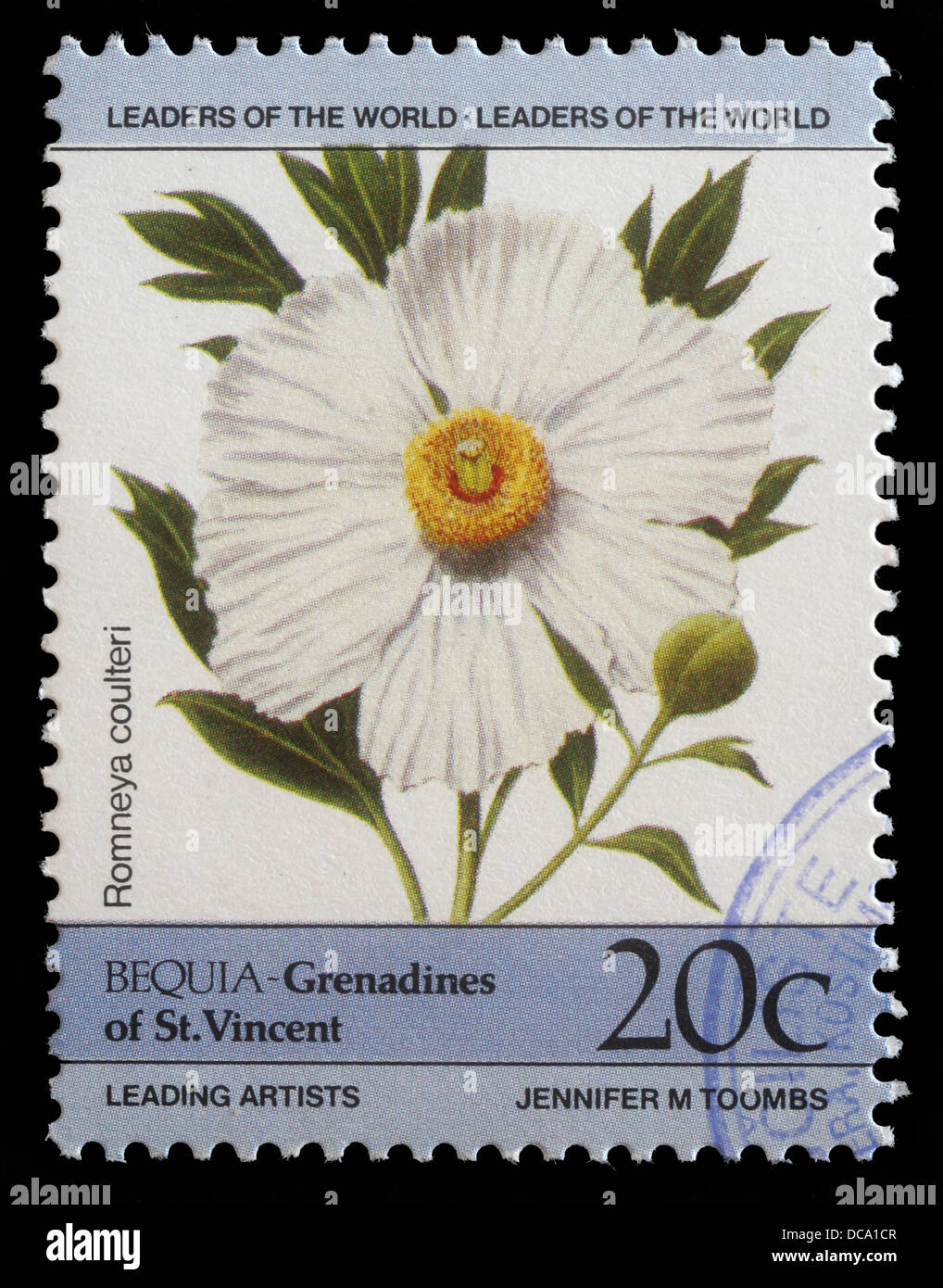 Stamp printed in Grenadines of St. Vincent shows Romneya coulteri flower, circa 1985 Stock Photo