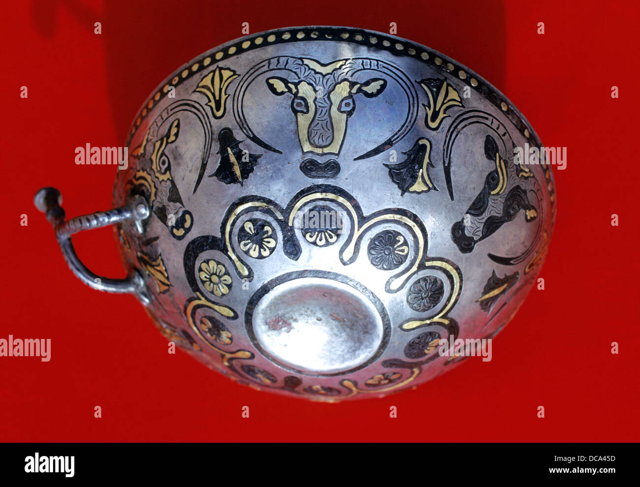 Silver bowl from Enkomi , decorated with rams heads and flowers . 1400 - 1375 BC. Stock Photo