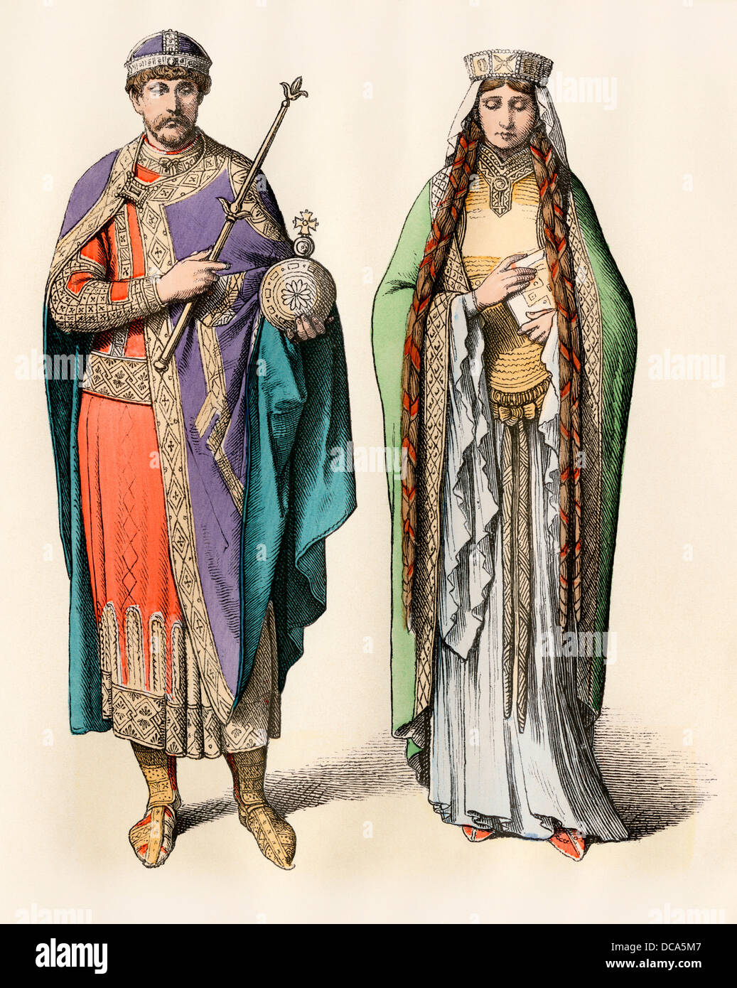 French king and queen (probably Blanche of Castille) of the 11th century. Hand-colored print Stock Photo