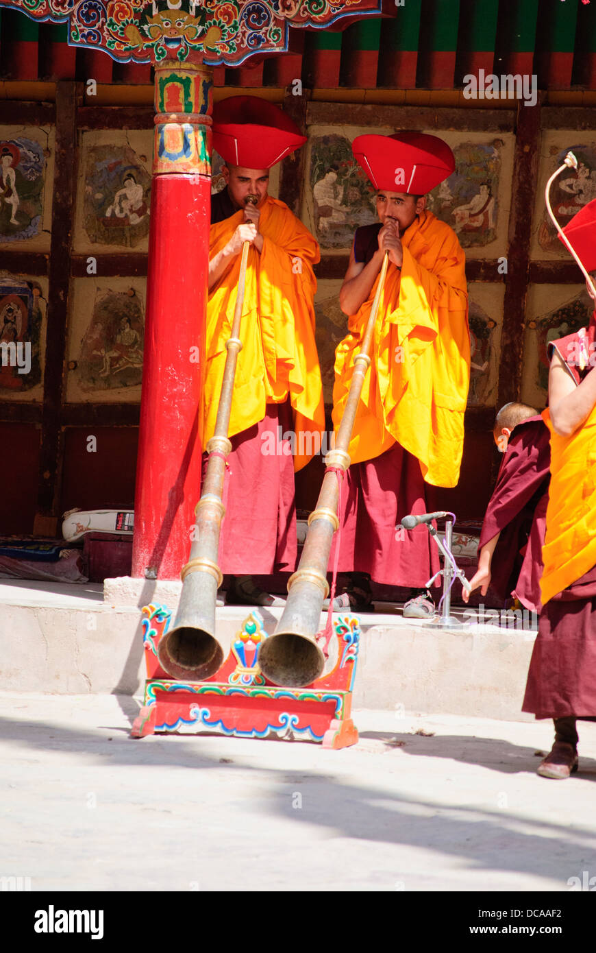 Two monks are playing traditional instrument at the Hemis festival Stock Photo