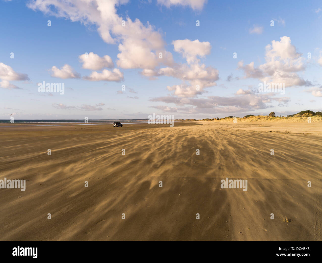 dh Ninety Mile Beach AHIPARA NEW ZEALAND Wind blowing sand storm beach dunes car coastal road northland Stock Photo