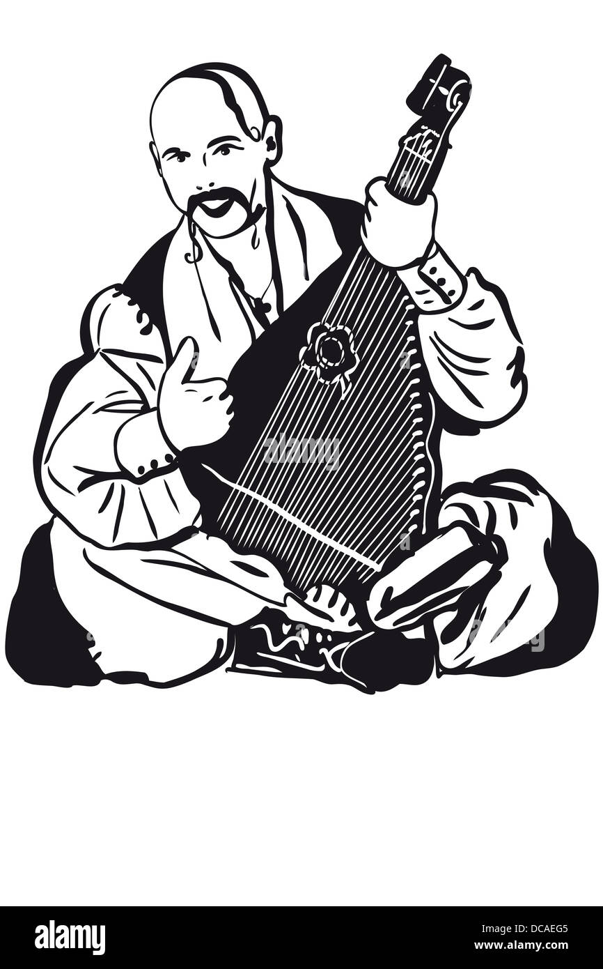 Cossack Playing A Musical Instrument Kobza Stock Photo
