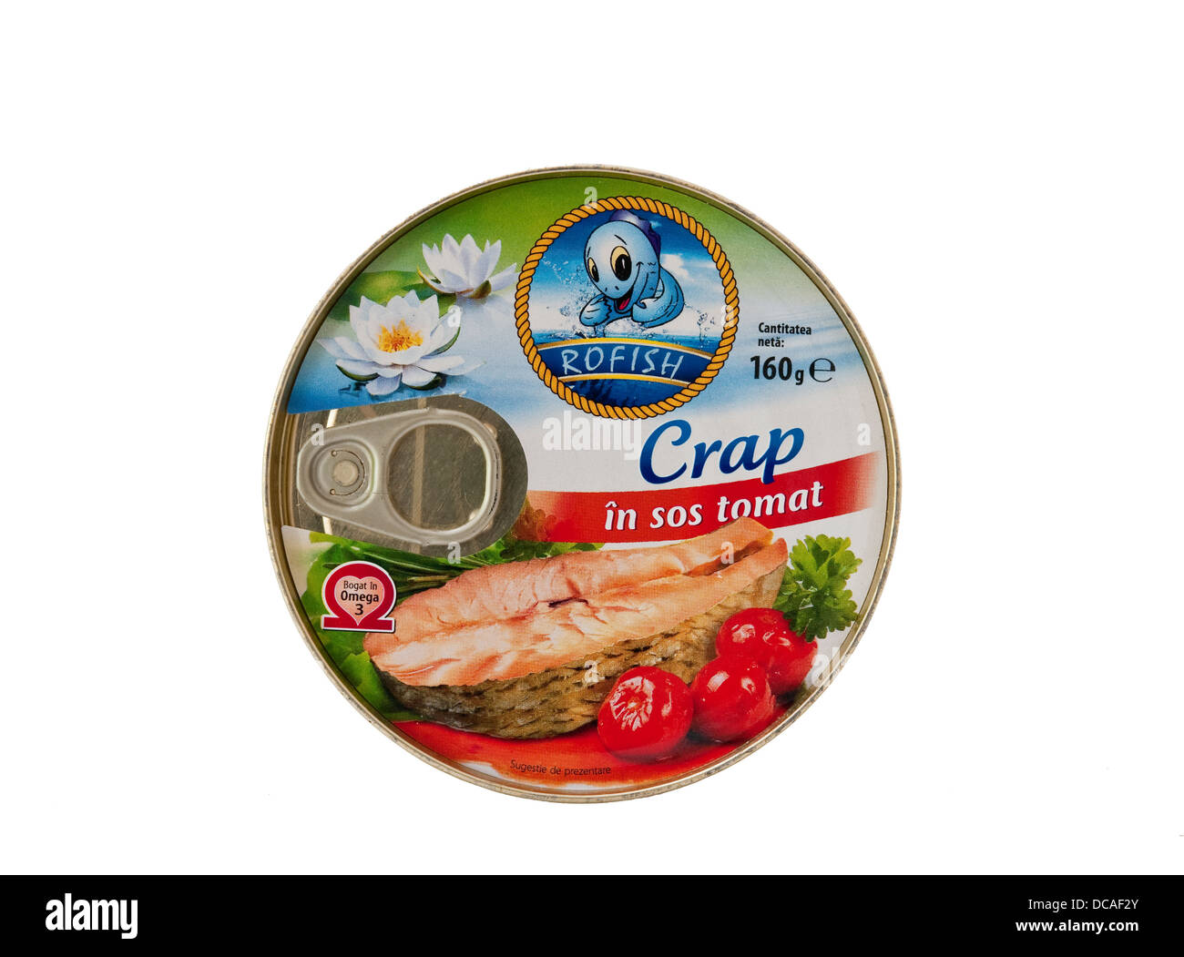 A tin of 'crap in tomato sauce' - crap is the Romanian for carp Stock Photo