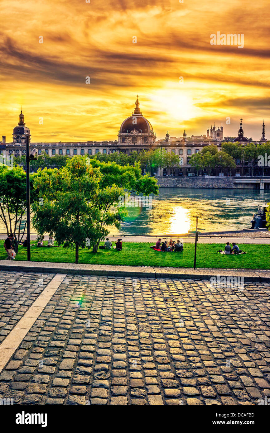 Lyon city at sunset with Saone river Stock Photo