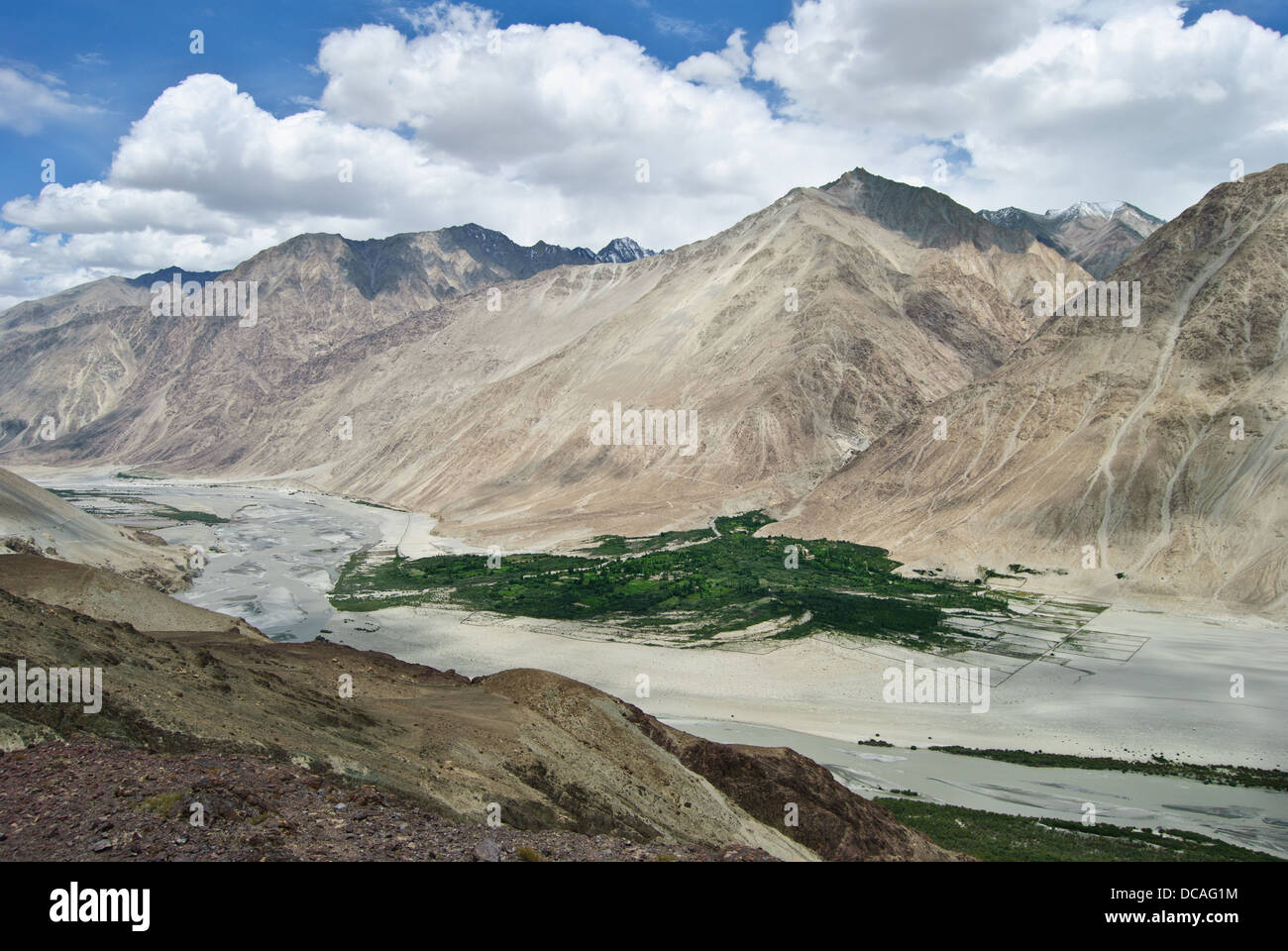 Nubra valley and its oasis village. Stock Photo