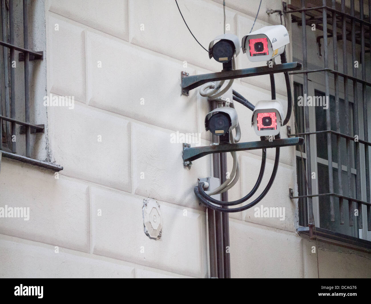 Security cameras with infra red on the side of a building Stock Photo